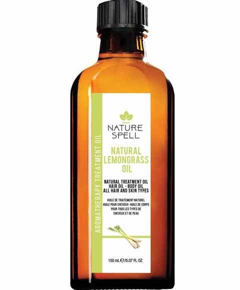 Nature Spell Lemongrass Oil for hair treatment, featuring a bottle of natural essential oil with fresh lemongrass stalks.