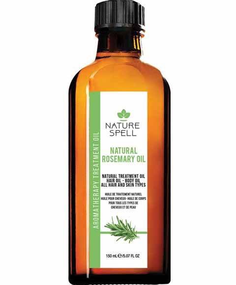 Nature Spell Rosemary Oil hair treatment bottle with dropper, used for nourishing hair and skin.