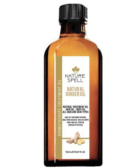 Bottle of Nature Spell Natural Ginger Oil for hair treatment, showing the product label and clear glass bottle on a white background.