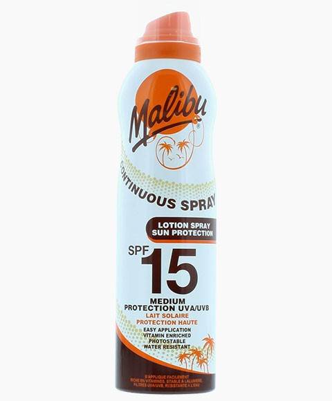 Lotion solaire en spray continu, protection moyenne SPF15