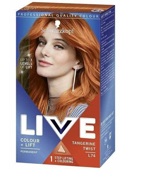 Schwarzkopf Live Colour Plus Lift in Tangerine Twist L74, vibrant orange hair dye in a tube with color swatch.