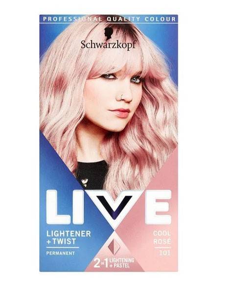 Schwarzkopf Live Lightener Plus Twist Permanent Hair Colour 101 Cool Rose with vibrant pink and purple shades, showing the colorful hair application.