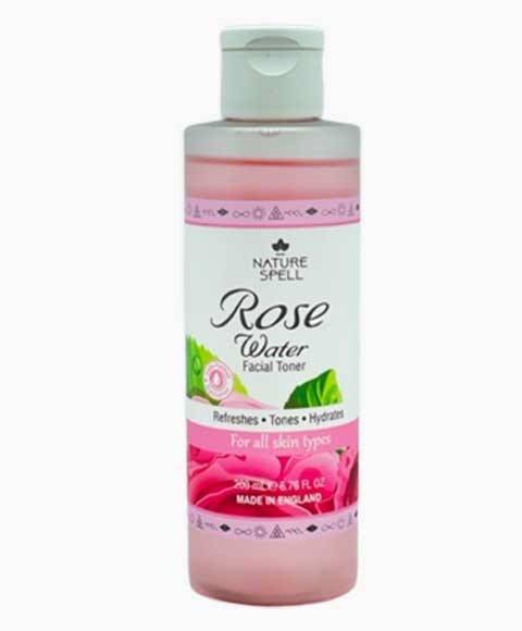 Nature Spell Rose Water Facial Toner bottle from Skin Basics line, featuring clear liquid and rose floral label.