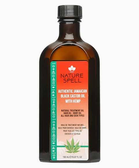 Nature Spell Jamaican Black Castor Oil with hemp, natural hair treatment in a glass bottle, ideal for nourishing and promoting hair growth.
