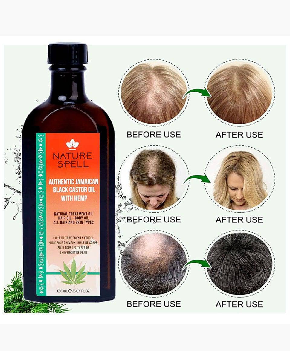 Bottle of Nature Spell Jamaican Black Castor Oil with hemp for hair treatment, featuring a dark glass container and herbal labels.