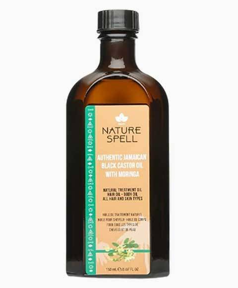 Nature Spell Jamaican Black Castor Oil with Moringa for hair treatment, showing a dark glass bottle with label and dropper applicator.