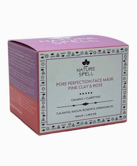 Nature Spell Pink Clay and Rose Face Mask for pore perfection, showing the skincare product in a jar with pink clay and rose ingredients.