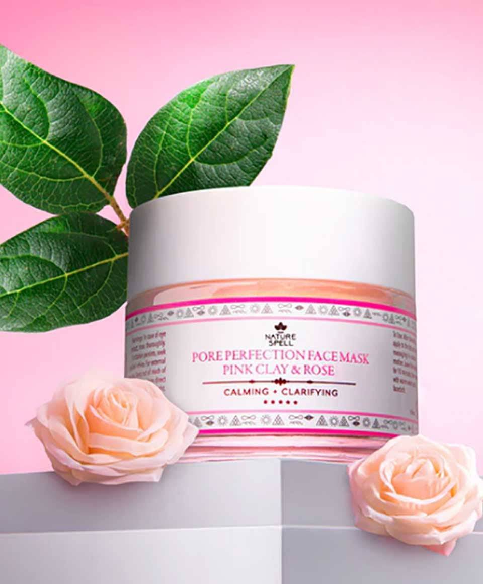 Nature Spell Pink Clay and Rose face mask from Skin Basics line, showing the product in a jar with pink clay and rose ingredients.