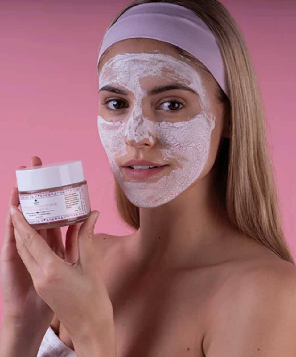 Nature Spell Pink Clay and Rose Face Mask for pore perfection, showcasing the skincare product with pink clay and rose ingredients.