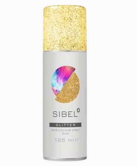 Sibel Glitter Gold Hair Spray in a can, showing vibrant gold glitter hair color for temporary styling and sparkle.