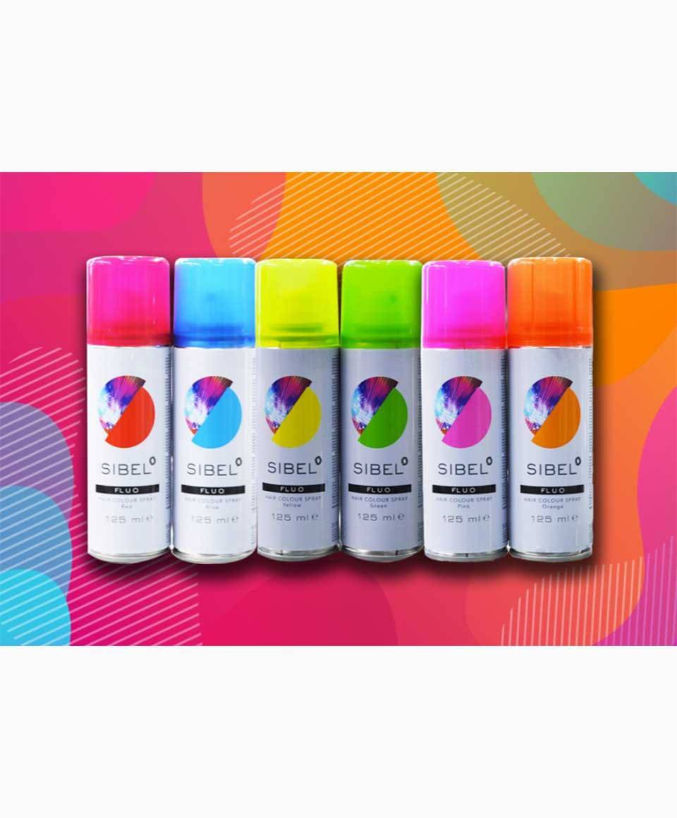 Sibel Fluo Pink Hair Colour Spray in aerosol can, vibrant pink hair color and bleach styling product, for temporary hair coloring.