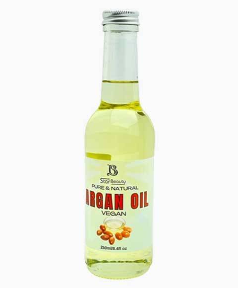 Star Beauty Pure and Natural Argan Oil hair treatment bottle with dropper for nourishing hair care.