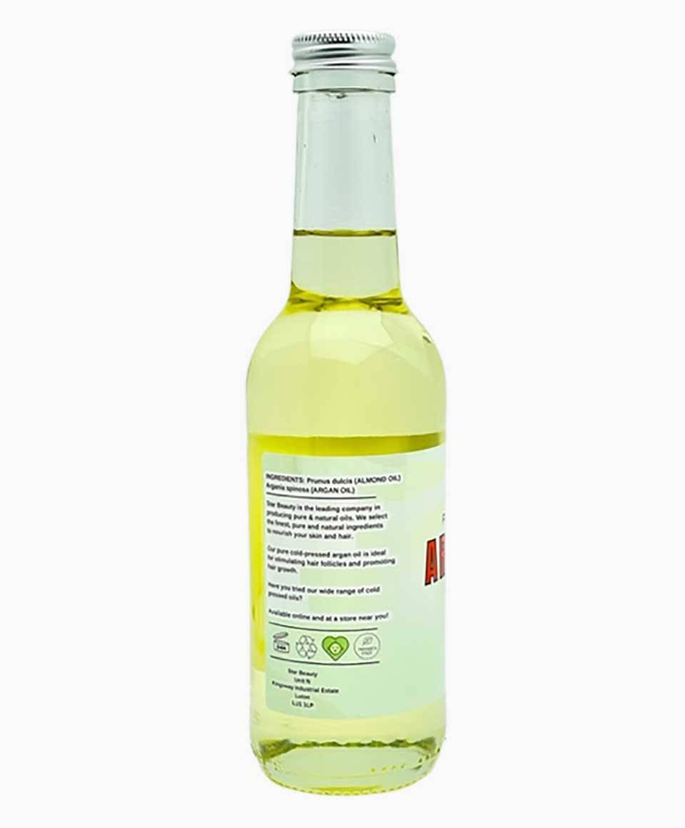 Star Beauty Pure Argan Oil for hair treatment, shown in a bottle with a dropper, ideal for nourishing and moisturizing hair.