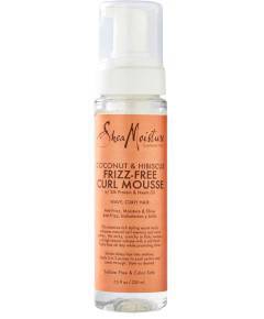 Shea Moisture Coconut and Hibiscus frizz-free curl mousse for hair styling, showing the product bottle and texture.