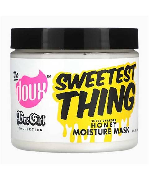 The Doux Bee Girl Sweetest Thing Super Charged Honey Moisture Mask for hair treatment in a jar with honey and natural ingredients.