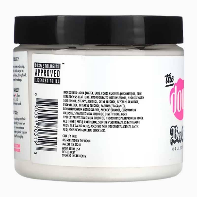 The Doux Bee Girl Sweetest Thing Super Charged Honey Moisture Hair Treatment in a jar with honey and hair care ingredients.
