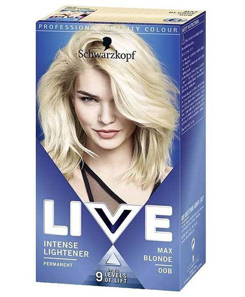 Schwarzkopf Live Intense Lightener Permanent Colour 00B Max Blonde hair dye in a tube, ready for bleaching and coloring hair.