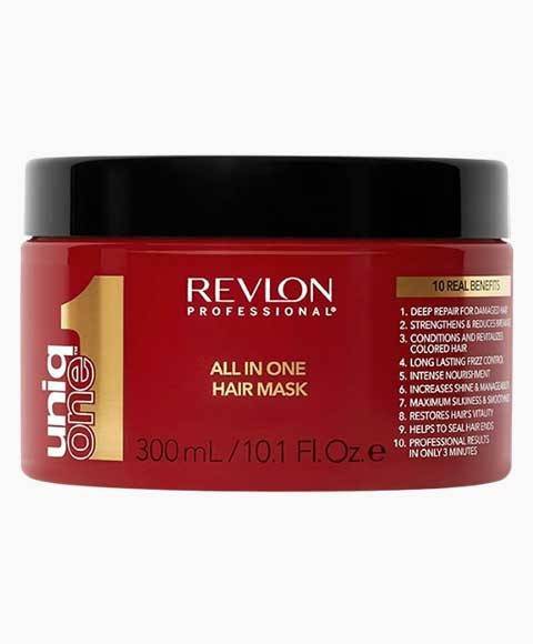 Revlon Uniq One All In One Hair Mask in a jar, showcasing the nourishing hair treatment formula and packaging.