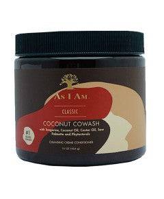 Bottle of As I Am Coconut Cowash shampoo with label, showing the natural coconut and hair care branding.
