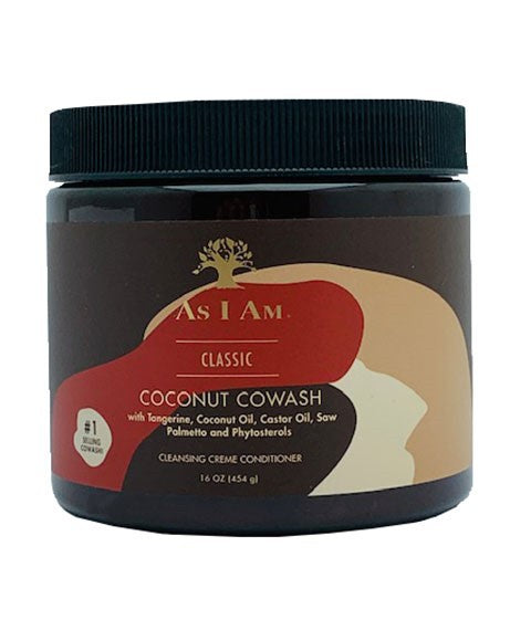 Bottle of As I Am Coconut Cowash shampoo with label visible, featuring a white and blue design and coconut imagery.