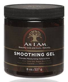 Close-up of As I Am Smoothing Gel for hair styling, showing the gel in a clear container with a smooth, glossy texture.