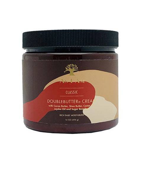 Close-up of As I Am Doublebutter Cream hair moisturizer jar with creamy texture and label, highlighting nourishing hair care.
