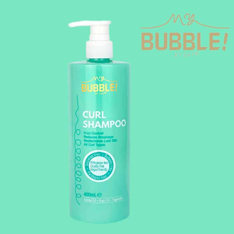 Bottle of My Bubble Curl Shampoo with curly hair illustration on the label, showcasing hydrating shampoo for curly hair.