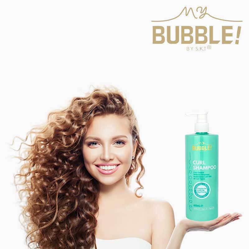 My Bubble Curl Shampoo bottle with label, showing a colorful, bubbly design, ideal for curly hair cleansing.