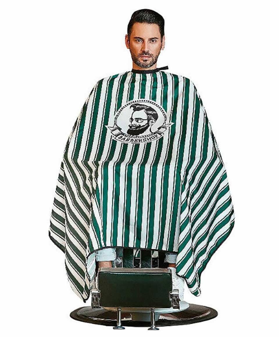 Vintage green barbershop cape from DMI Professional Products, showing a lightweight, protective cloth with ties for salon use.