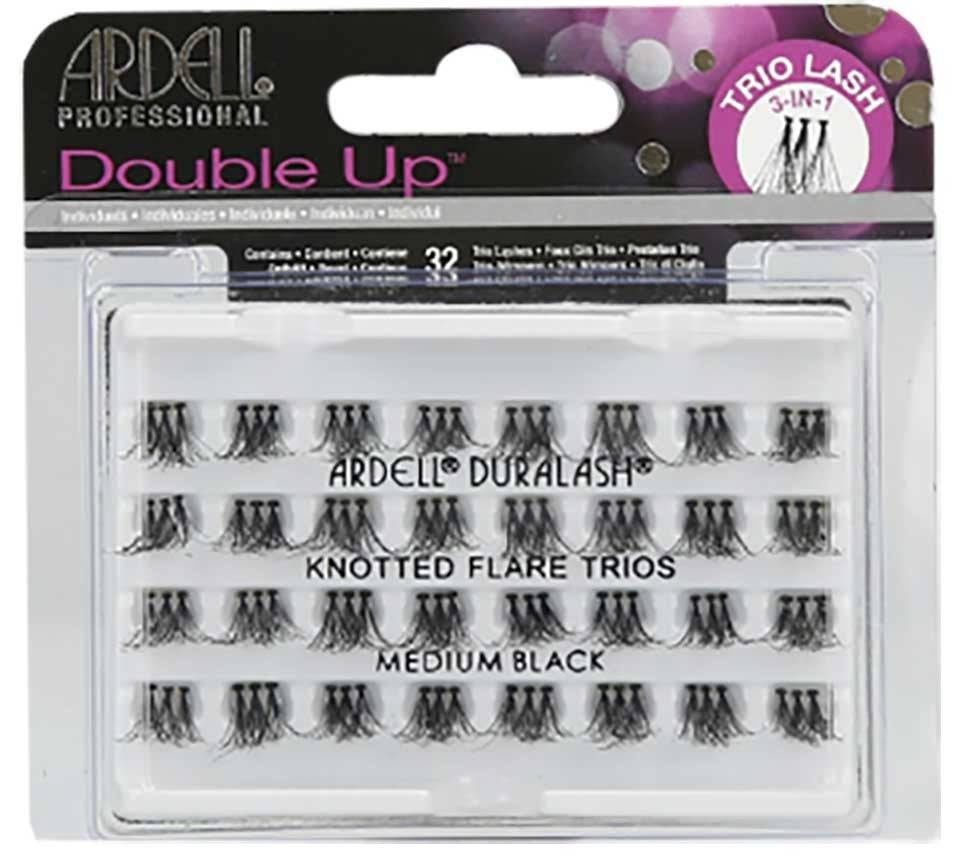 Ardell Double Up 3 in 1 knotted eyelash extensions with layered, voluminous style, natural black finish, and defined lash appearance.