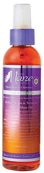 The Mane Choice Exotic Cool Laid Mellow Melon and Nectarine Melted Shine Oil in a sleek bottle for body care and radiant skin.