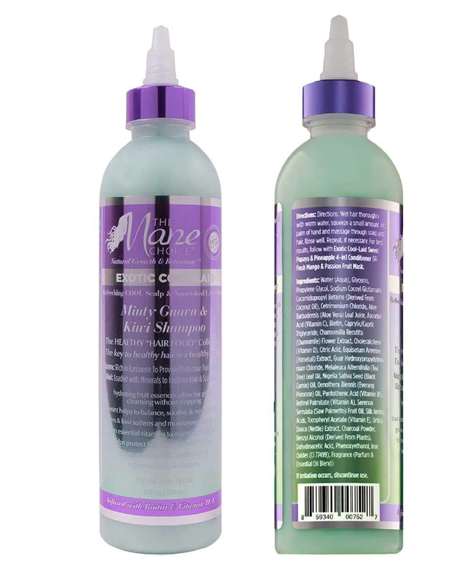 The Mane Choice Exotic Cool Laid Minty Guava and Kiwi shampoo bottle with a vibrant label and fresh fruit imagery.