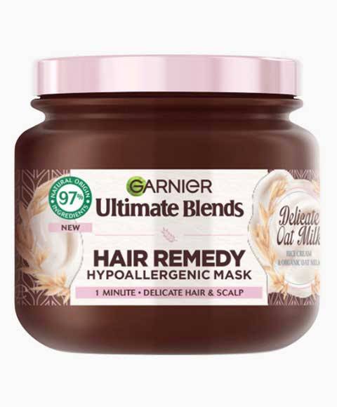 Garnier Ultimate Blends Delicate Oat Milk Hair Remedy Mask in a jar, nourishing hair treatment with oat milk for soft, healthy hair.