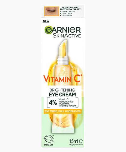 Garnier Skin Active Vitamin C Brightening Eye Cream tube with applicator tip for eye care and brightening.