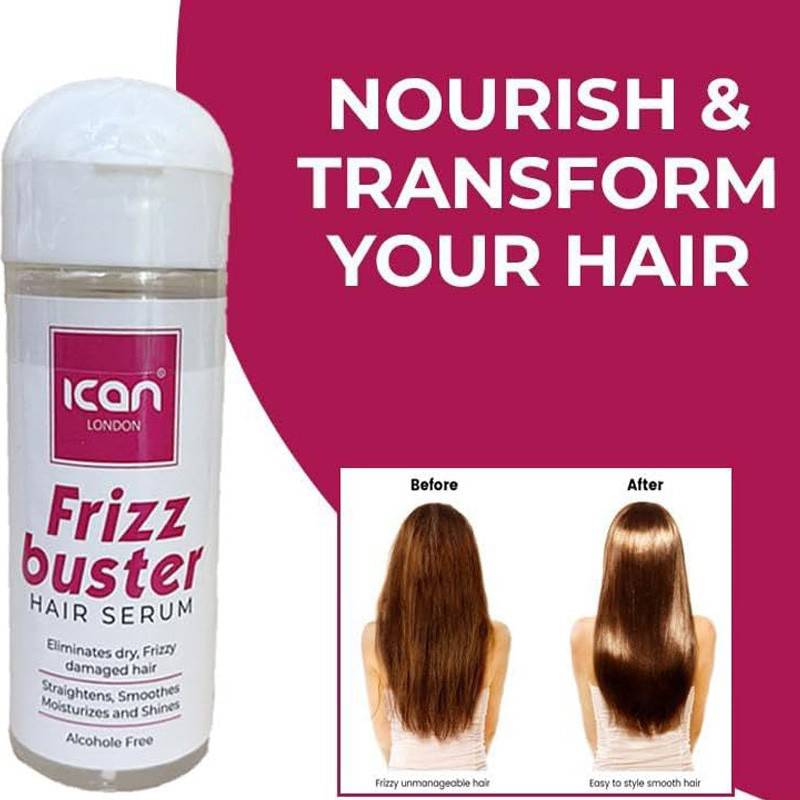Ican London Frizz Buster Hair Serum and Oil in a sleek bottle, designed to tame frizz and add shine to hair.