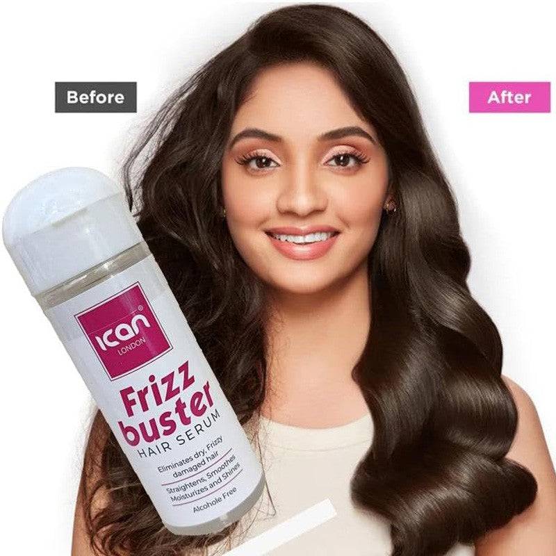 Ican Frizz Buster Hair Serum bottle showing the Ican London brand, smooth and shiny hair with frizz control.