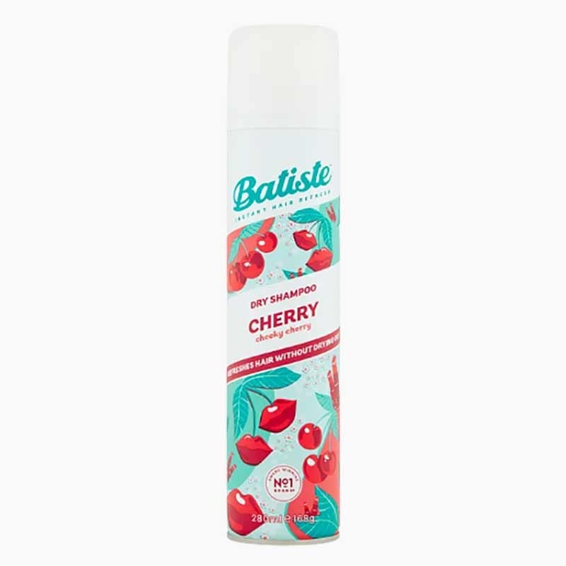 Batiste Cheeky Cherry Dry Shampoo Spray bottle, featuring the Batiste brand logo and vibrant cherry-themed packaging.