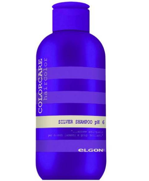 Elgon Colorcare Haircolor Silver Shampoo PH 6 bottle with silver label and pump dispenser, designed for silver hair care.