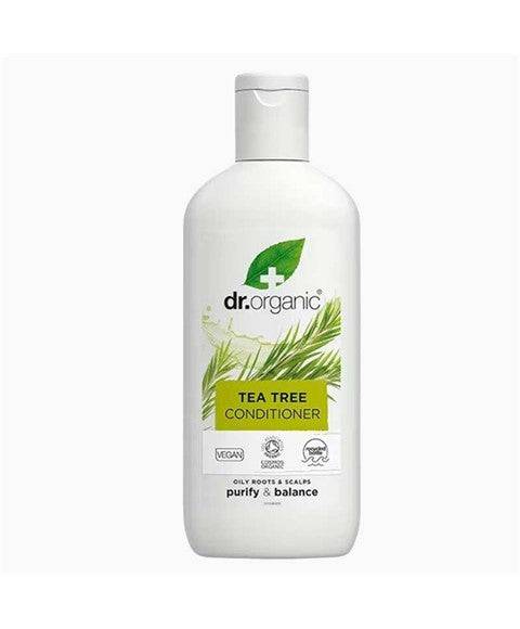 Dr Organic Bioactive Haircare Organic Tea Tree Conditioner bottle with green label, showcasing natural ingredients and eco-friendly packaging.