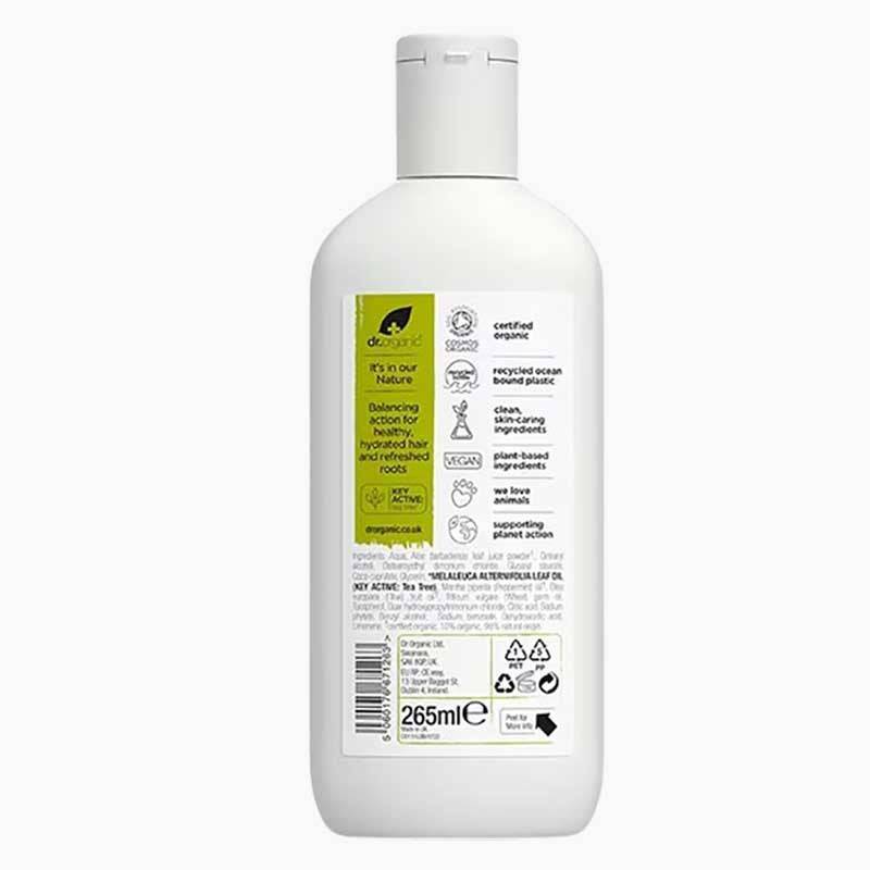 Dr Organic Bioactive Haircare Organic Tea Tree Conditioner bottle with green label and white cap, displayed on a white background.
