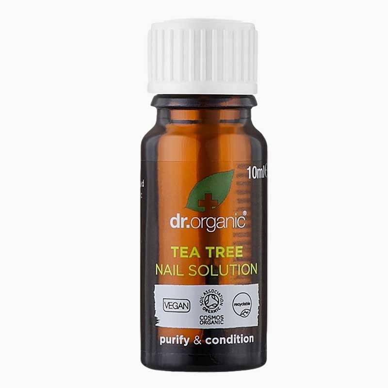 Dr Organic Bioactive Tea Tree Nail Solution in a clear bottle, designed to promote healthy nails with organic tea tree extract.