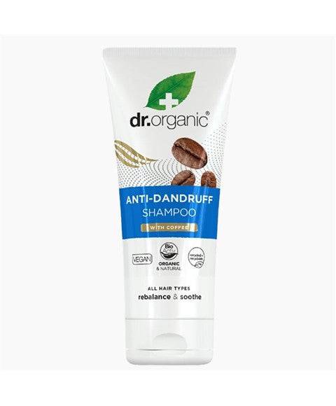 Dr Organic Organic Plus Anti Dandruff Shampoo with Coffee featuring a bottle of shampoo with coffee extract and label.