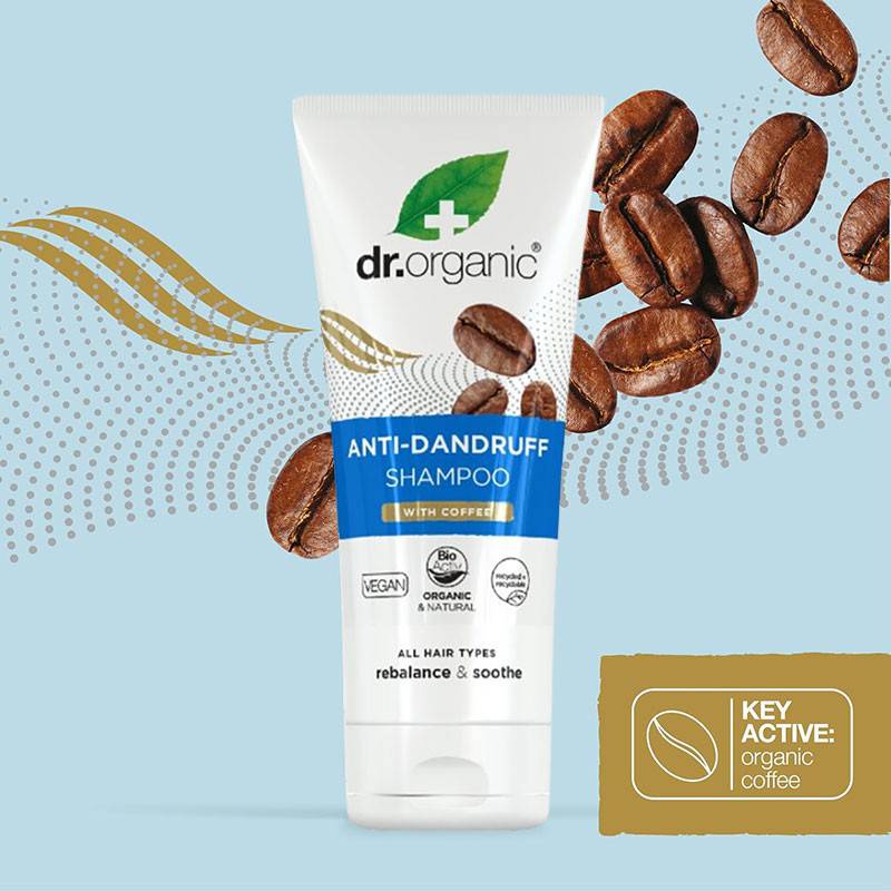 Dr Organic Organic Plus Anti Dandruff Shampoo with Coffee, natural shampoo bottle with label, effective for scalp dandruff relief