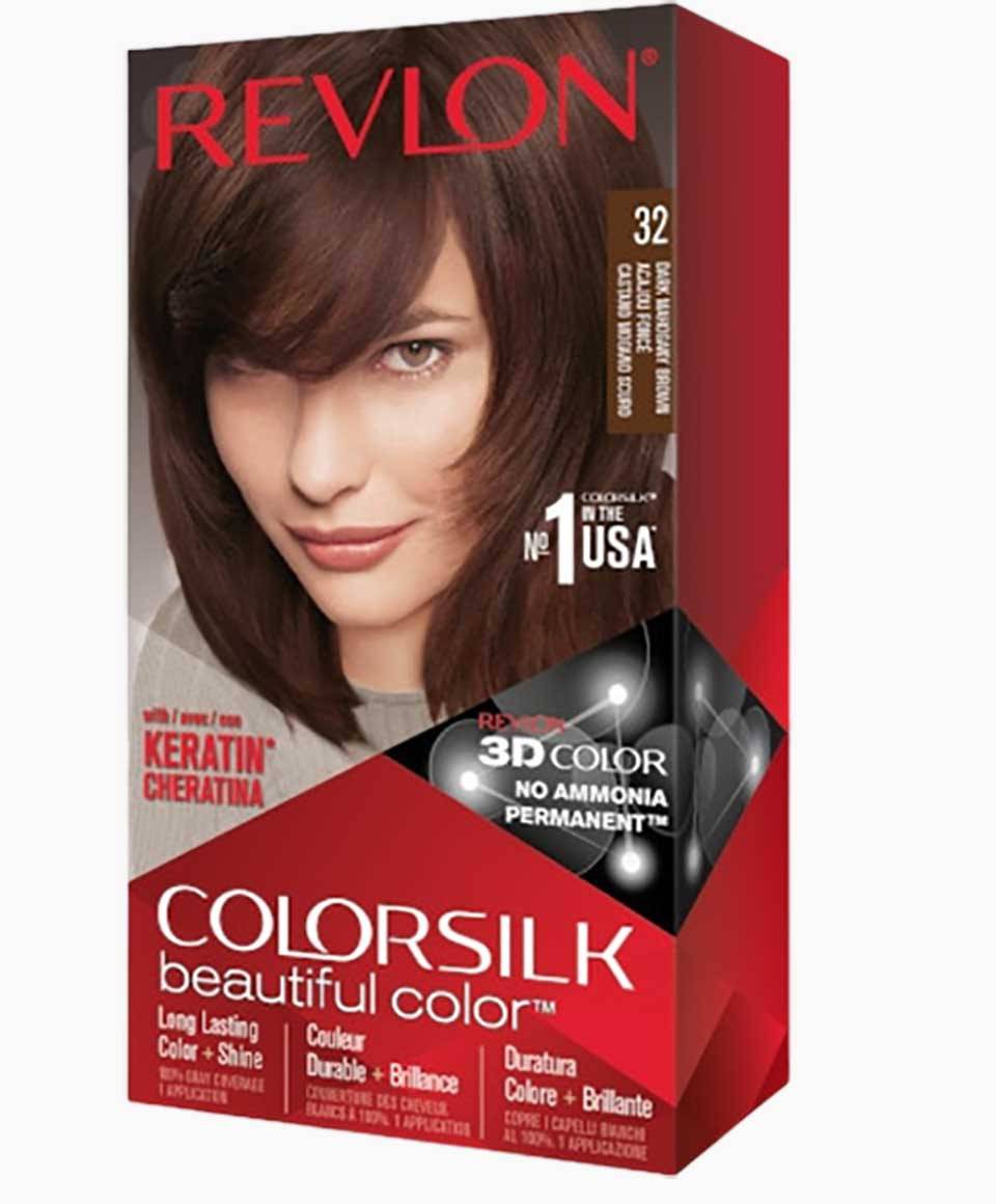 Revlon Colorsilk Beautiful Color permanent hair dye in shade 32 Dark Mahogany Brown, showing the hair color and packaging.