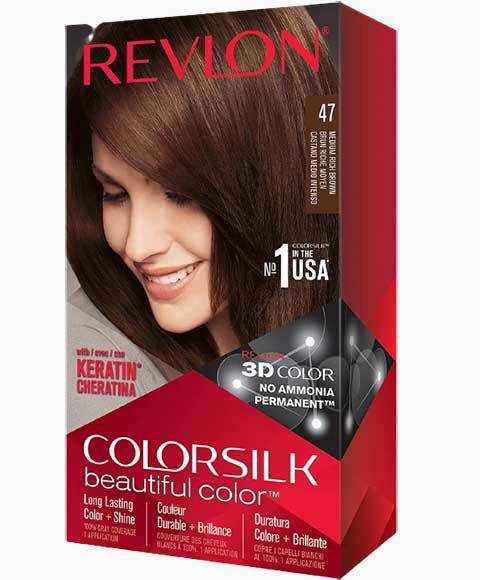 Revlon Colorsilk Beautiful Color permanent hair dye in 47 Medium Rich Brown, showing the rich brown hair color and packaging.