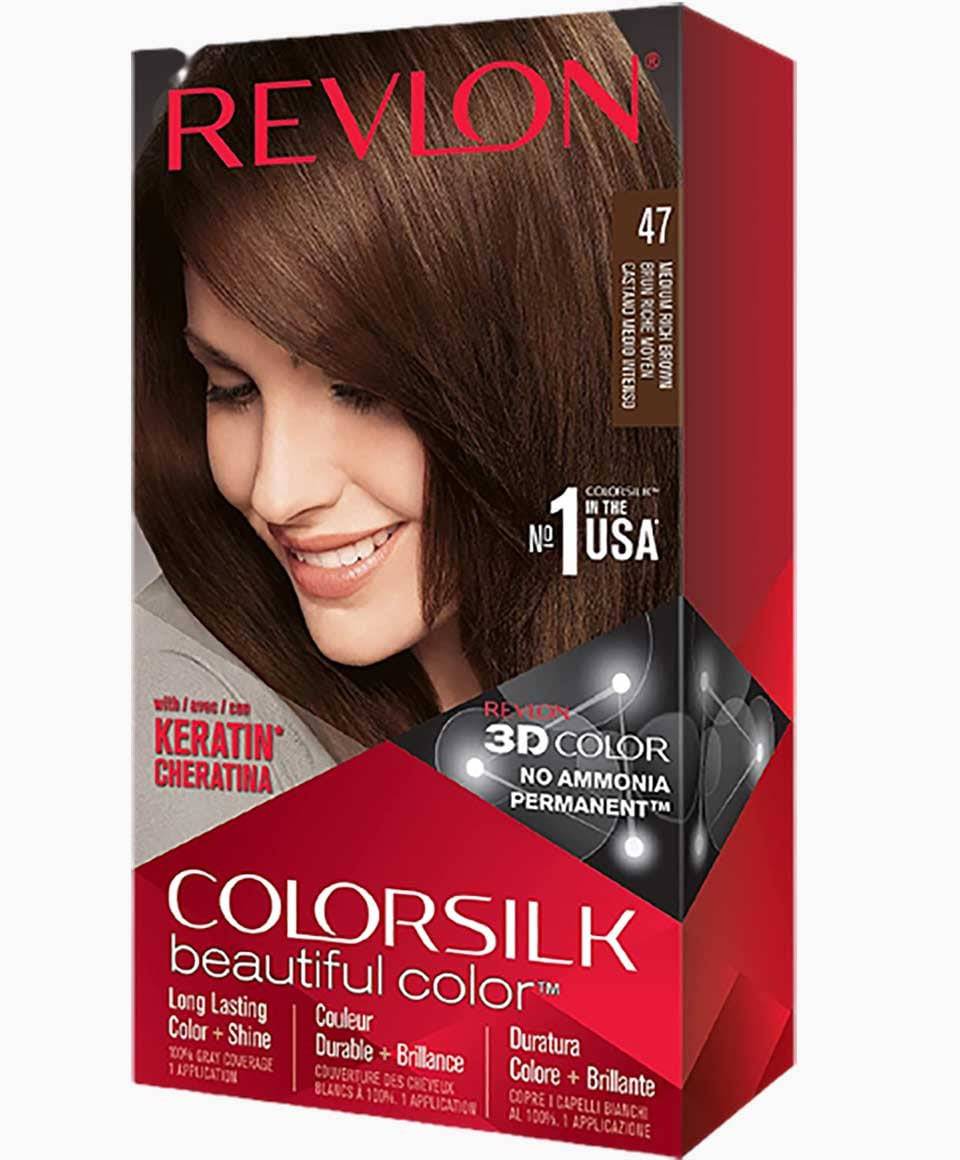 Revlon Colorsilk Beautiful Color permanent hair dye in 47 Medium Rich Brown, showing a rich, natural hair color application.