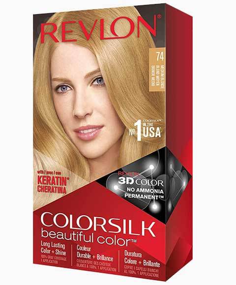 Revlon Colorsilk Beautiful Color permanent hair dye in 74 Medium Blonde, showing the vibrant hair color and packaging.