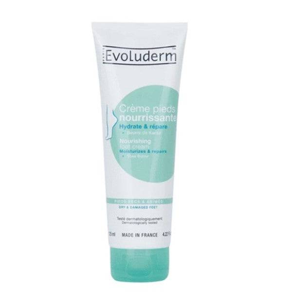 Evoluderm nourishing foot cream with shea butter, featuring a soothing skin treatment for dry, cracked heels and feet.