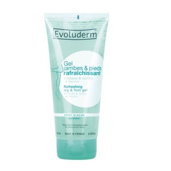 Evoluderm refreshing leg and foot gel in a tube, soothing skin, with a cooling, hydrating formula for tired legs and feet.