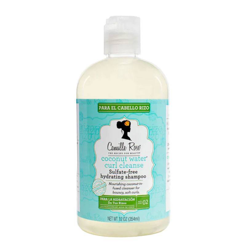 Camille Rose Coconut Water Curl Cleanse hydrating shampoo in a clear bottle with a pump, designed for curly hair hydration.